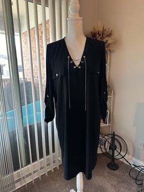 MICHAEL Michael Kors Black Lace-Up V-Neck Midi Dress